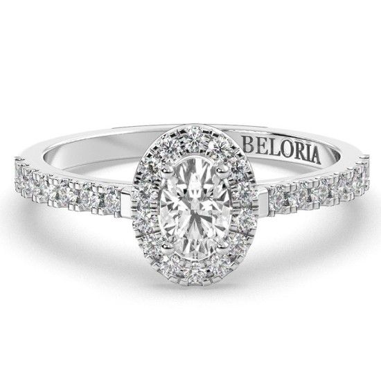 Bague Solitaire en Or blanc Halo Accompagné Diamant Ovale