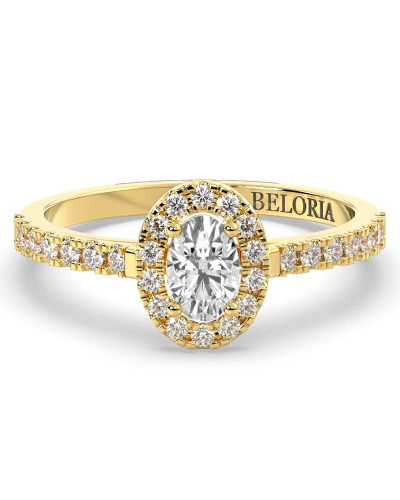 Bague Solitaire en Or jaune Halo Accompagné Diamant Ovale