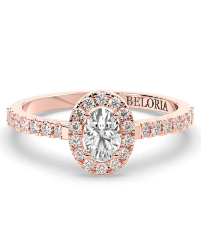 Bague Solitaire en Or rose Halo Accompagné Diamant Ovale