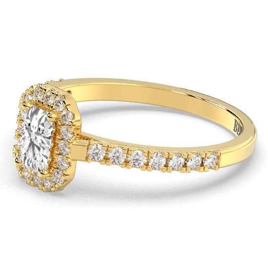 Bague Solitaire en Or jaune Accompagné Diamant Emeraude Halo
