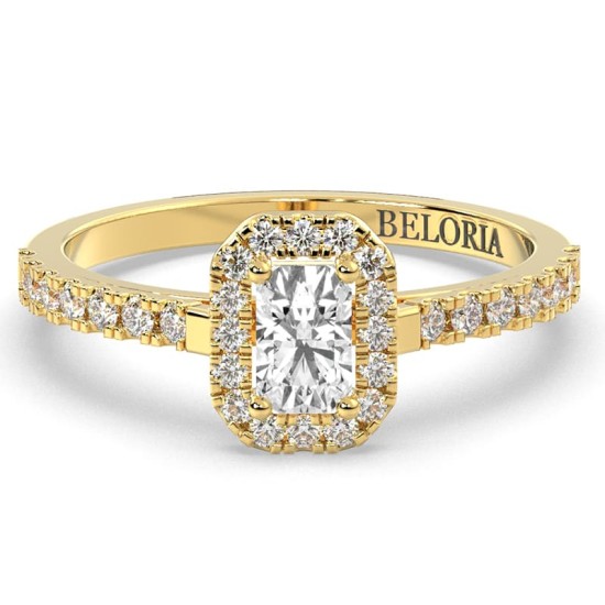Bague Solitaire en Or jaune Accompagné Diamant Emeraude Halo
