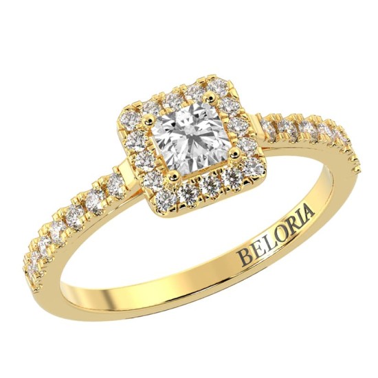 Bague Solitaire en Or jaune avec Halo Accompagné Diamant Princesse