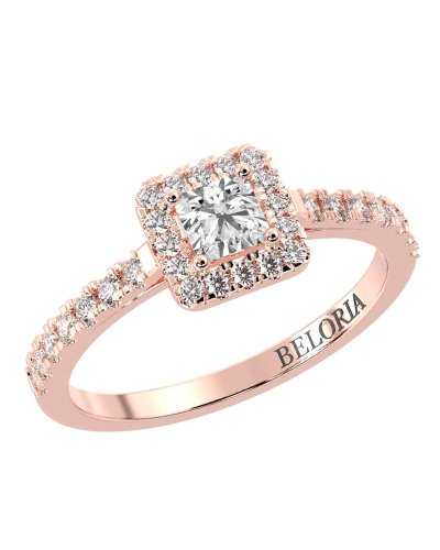 Bague Solitaire en Or rose avec Halo Accompagné Diamant Princesse