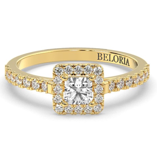 Bague Solitaire en Or jaune avec Halo Accompagné Diamant Princesse
