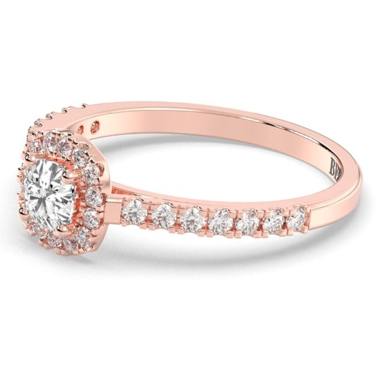 Bague Solitaire en Or rose avec Halo Accompagné Diamant Coussin