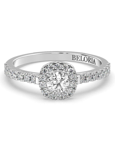 Bague Solitaire en Or blanc avec Halo Accompagné Diamant Coussin