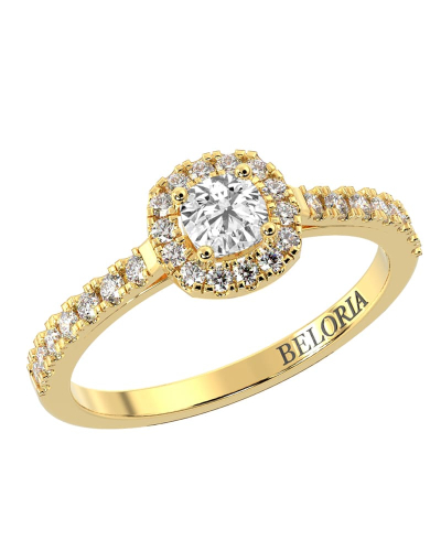 Bague Solitaire en Or jaune avec Halo Accompagné Diamant Coussin