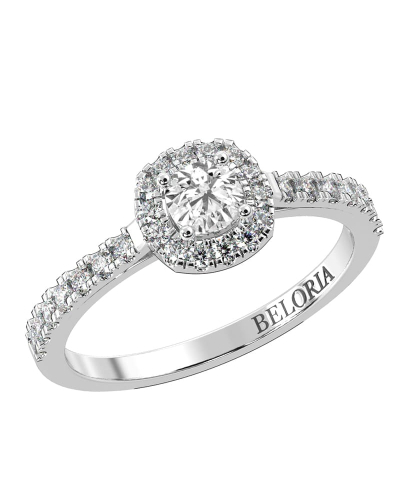 Bague Solitaire en Or blanc avec Halo Accompagné Diamant Coussin