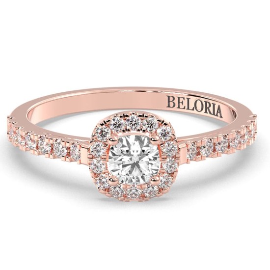 Bague Solitaire en Or rose avec Halo Accompagné Diamant Coussin