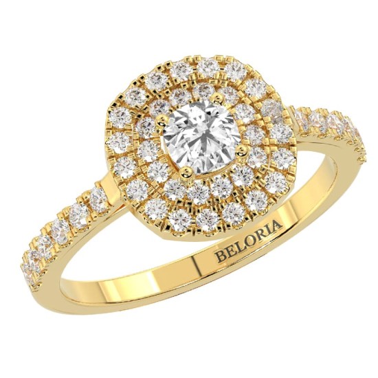 Bague Solitaire en Or jaune avec Diamant Double Halo Coussin