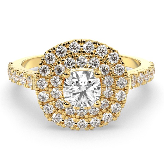 Bague Solitaire en Or jaune avec Diamant Double Halo Coussin