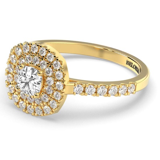 Bague Solitaire en Or jaune avec Diamant Double Halo Coussin
