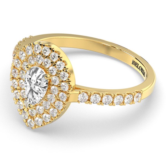 Bague Solitaire en Or jaune Diamant Double Halo Poire