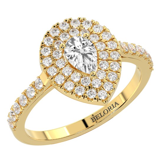 Bague Solitaire en Or jaune Diamant Double Halo Poire