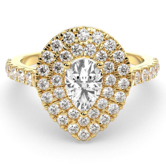 Bague Solitaire en Or jaune Diamant Double Halo Poire