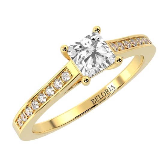 Bague Solitaire en Or jaune Accompagné Diamant Princesse
