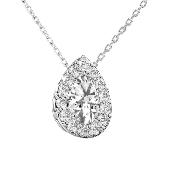 Collier or blanc 18 carats pendentif poire diamants et son halo de diamants