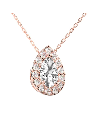 Collier or rose 18 carats pendentif poire diamants et son halo de diamants