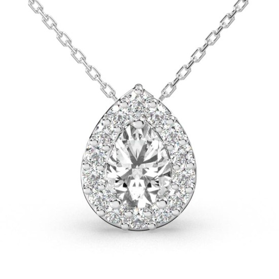 Collier or blanc 18 carats pendentif poire diamants et son halo de diamants