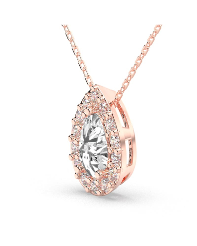 Collier or rose 18 carats pendentif poire diamants et son halo de diamants
