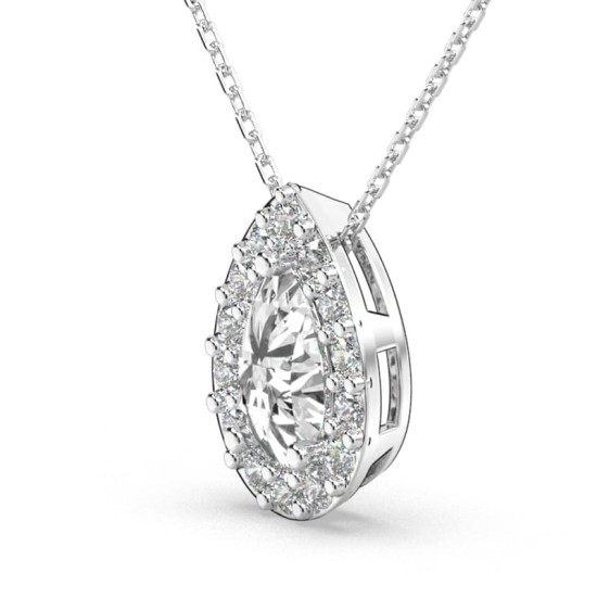 Collier or blanc 18 carats pendentif poire diamants et son halo de diamants