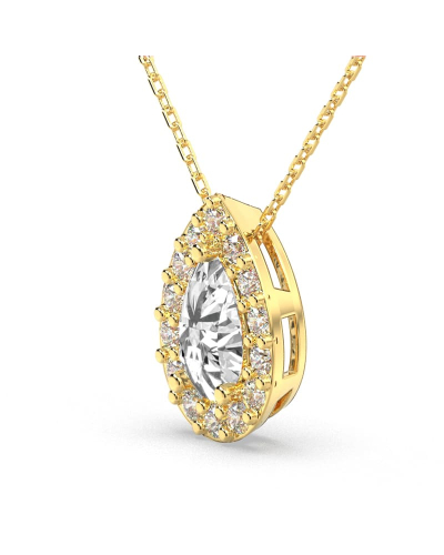 Collier or jaune 18 carats pendentif poire diamants et son halo de diamants