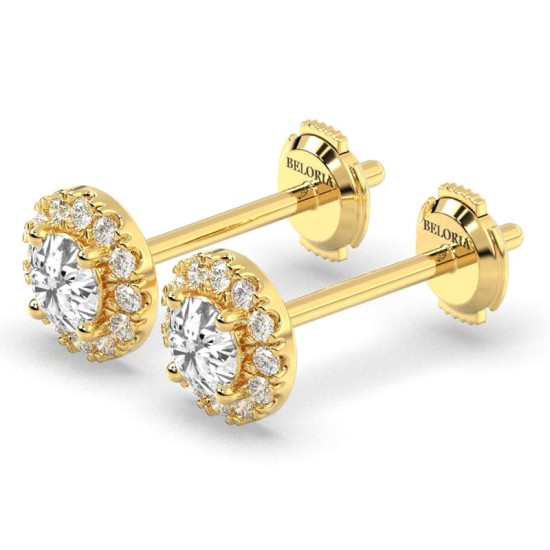 Boucles d'Oreilles en Or jaune 18 carats avec Halo Diamant Rond