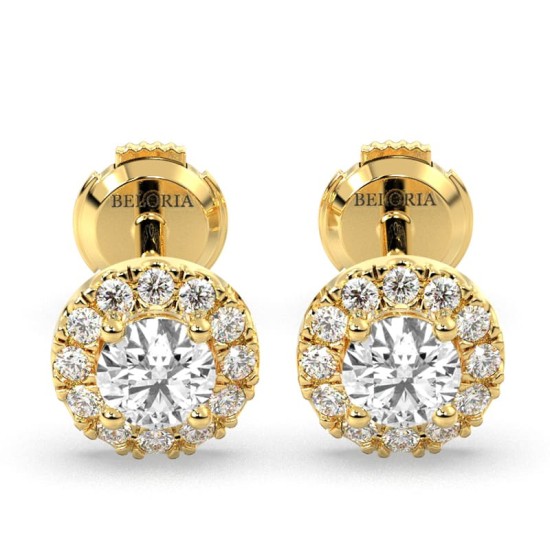Boucles d'Oreilles en Or jaune 18 carats avec Halo Diamant Rond