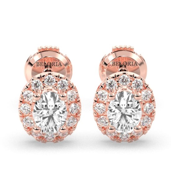 Boucles d'Oreilles en Or rose avec Halo Diamant Ovale