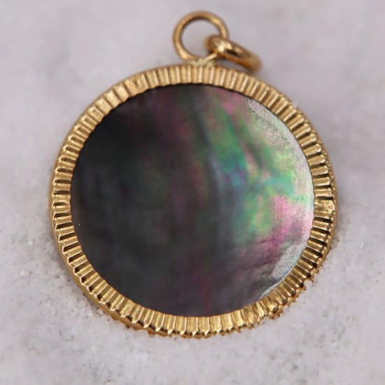Pendentif Disque Lapidé en Nacre Grise pour Femme