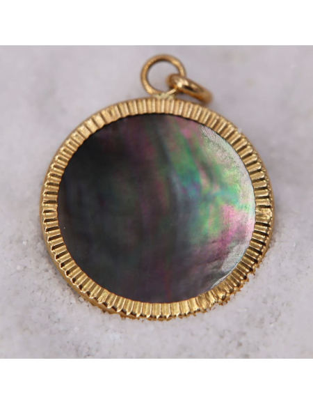 Pendentif Disque Lapidé en Nacre Grise pour Femme