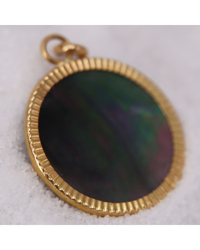 Pendentif Disque Lapidé en Nacre Grise pour Femme