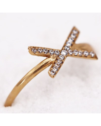 Bague en Forme de Croix en Or Jaune et entièrement sertie d'oxydes