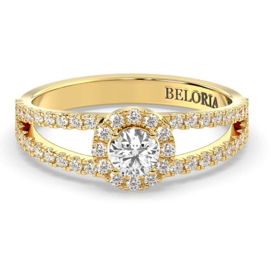 Bague Romy - Solitaire Halo en Or jaune avec un Diamant Rond Accompagné