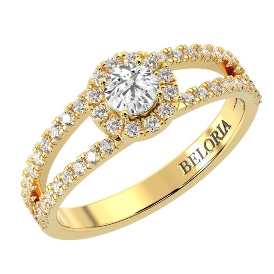 Bague Romy - Solitaire Halo en Or jaune avec un Diamant Rond Accompagné