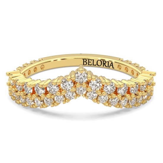 Bague en or jaune en forme de V à double rang de diamants