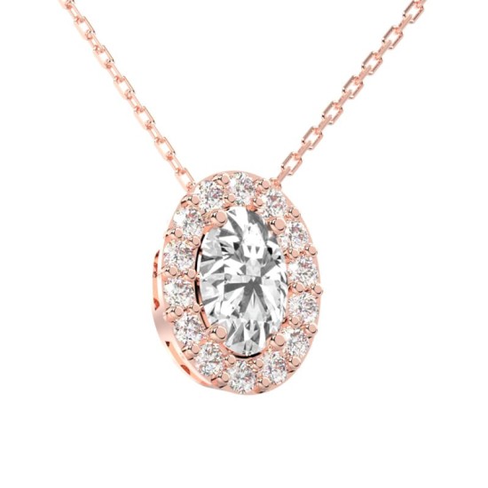 Collier en or rose et son pendentif halo diamant oval