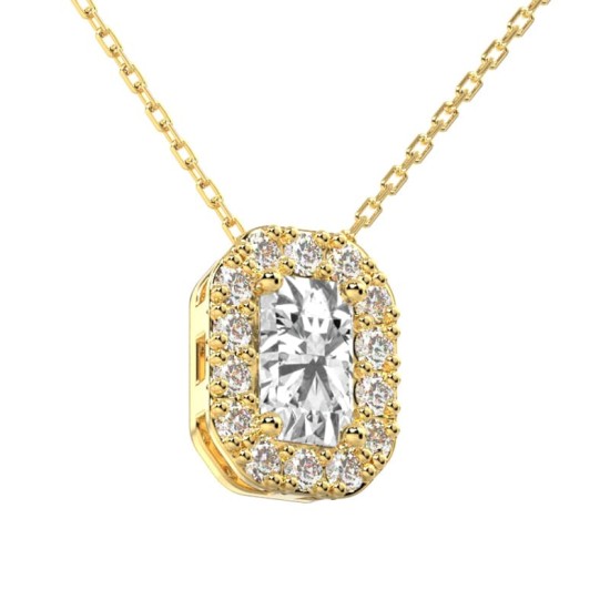 Collier halo diamant émeraude en or jaune 18 k