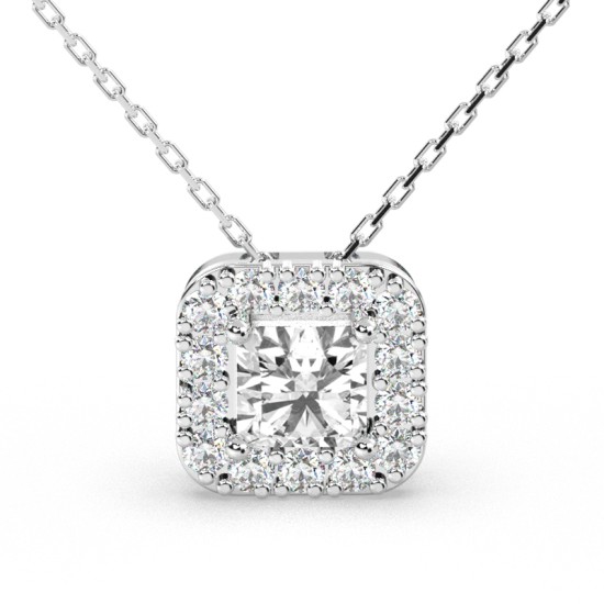 Collier halo diamant princesse en or blanc 18k