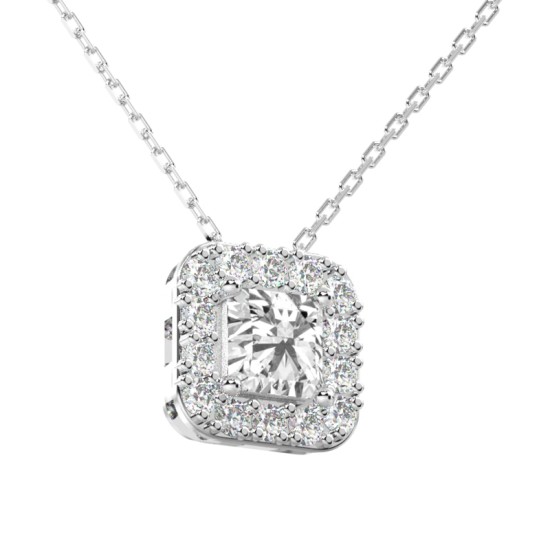 Collier halo diamant princesse en or blanc 18k
