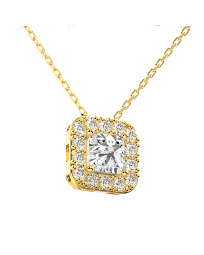 Collier halo diamant princesse en or jaune 18k