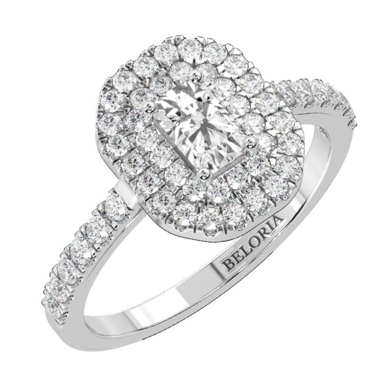 Bague femme Solitaire Diamant Double Halo Emeraude en or blanc