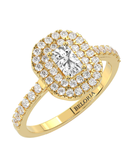 Bague femme Solitaire Diamant Double Halo Emeraude en or blanc 2