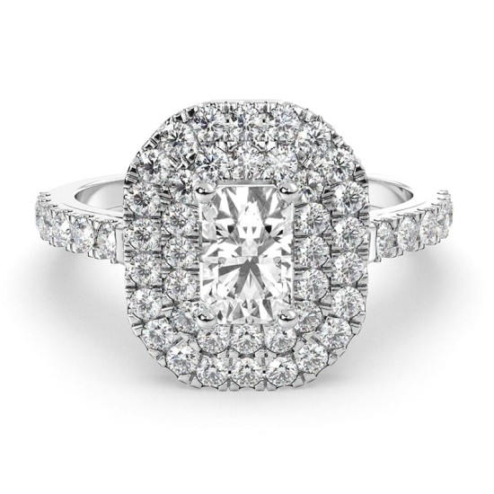 Bague femme Solitaire Diamant Double Halo Emeraude en or blanc