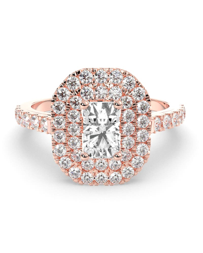 Bague femme Solitaire Diamant Double Halo Emeraude en or rose