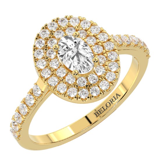 bague femme Solitaire Diamant Double Halo Oval en or jaune