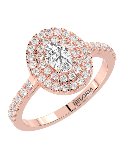 bague femme Solitaire Diamant Double Halo Oval en or rose
