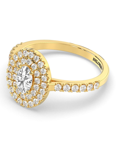bague femme Solitaire Diamant Double Halo Oval en or jaune