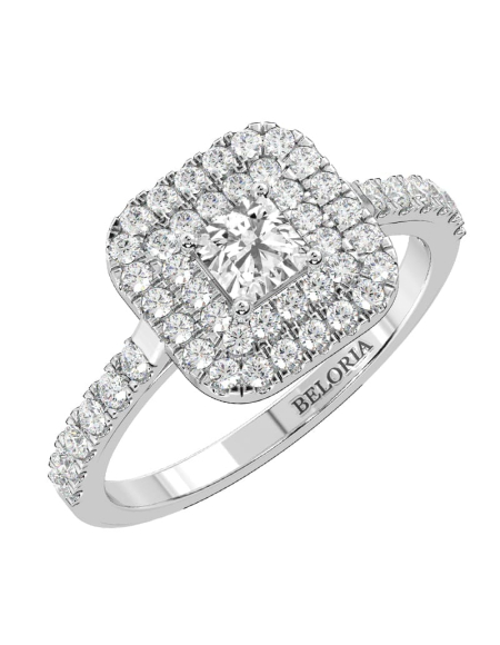 Bague femme solitaire diamant double halo princesse en or rose 2
