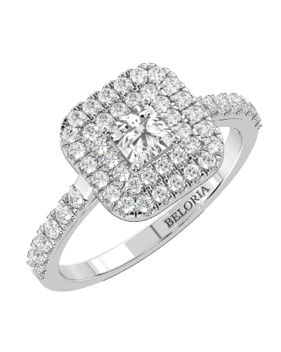 Bague femme solitaire diamant double halo princesse en or blanc